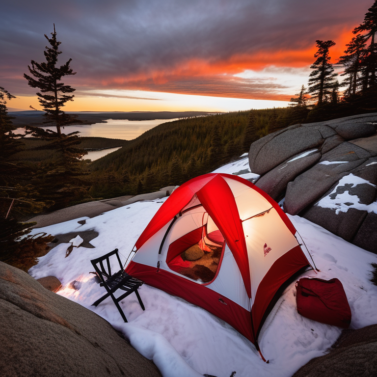 A red-and-white tent glows warmly at a paved campsite in Acadia National Park. Snow dusts the rocky ground and boulders, while camping chairs sit nearby. The sunset paints the quiet scene in soft golden light.