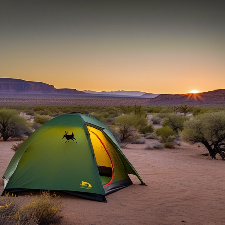 A green and tan tent rests on a dusty patch in the New Mexico desert. A warm campfire glows as the sun sets, with berry bushes nearby and a deer watching from afar.