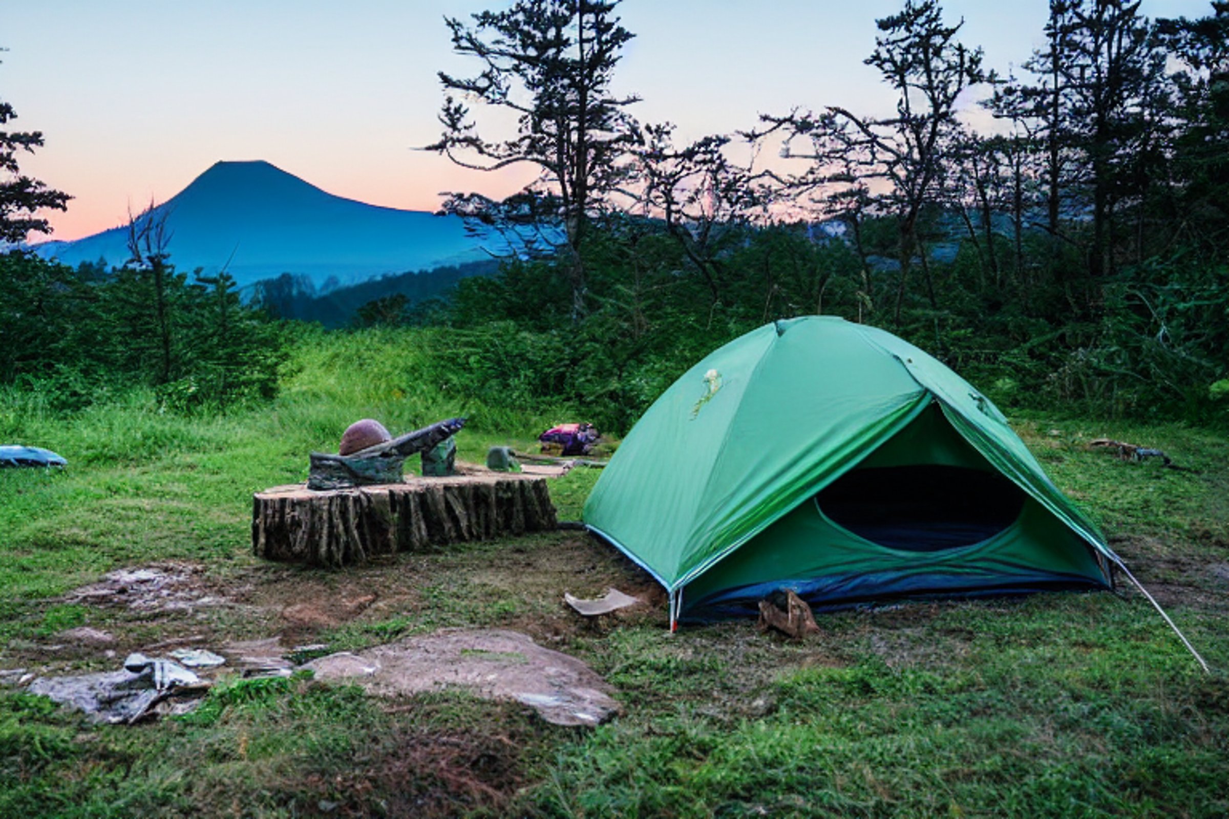 A green tent rests on a paved campsite in the rainy Smoky Mountains. A wooden guitar lies nearby, with a tall mountain and fading moon in the misty sunrise.