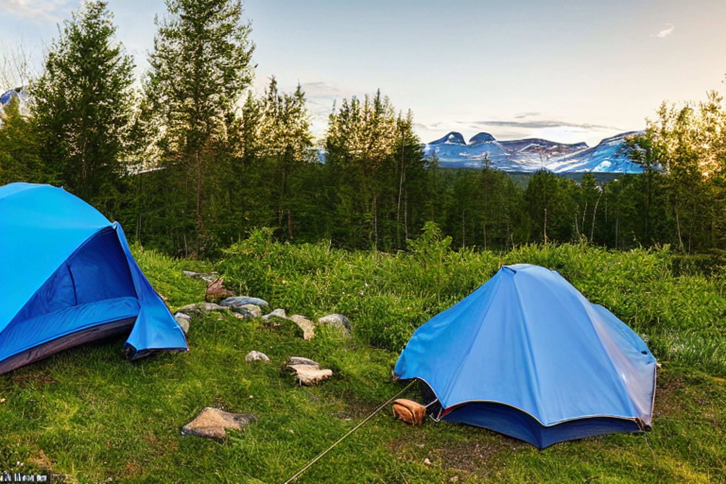 A blue tent rests beside a warm campfire on a quiet dirt clearing in Norway. A hammock hangs between the trees, with camping chairs nearby. Clear skies and tall mountains create a peaceful outdoor retreat.