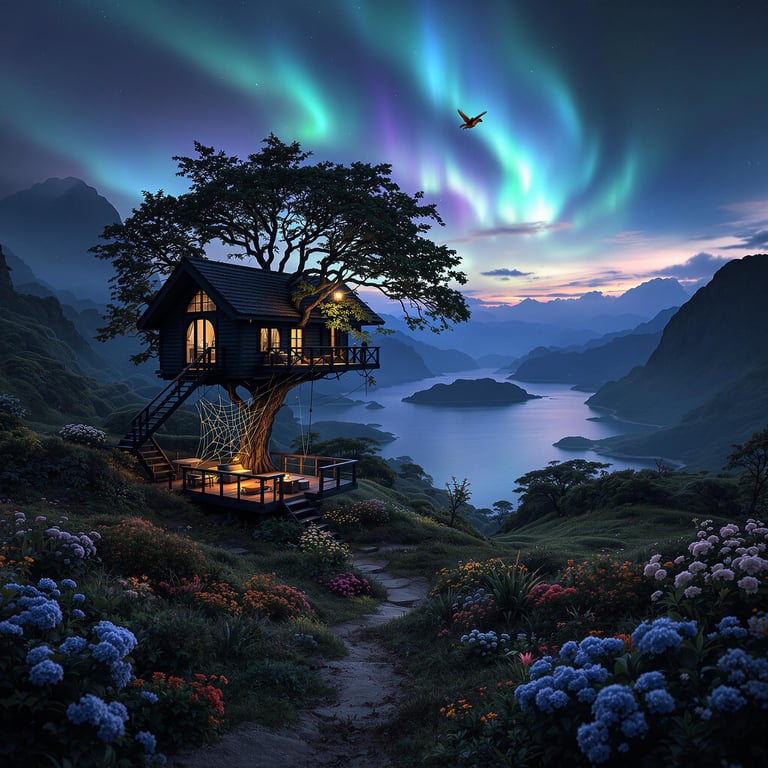 A black treehouse rests among rolling hills in Halong Bay beneath a glowing aurora. Flowers brighten the ground, while a spider web glistens between the trees and a squirrel dashes through the stormy campsite.