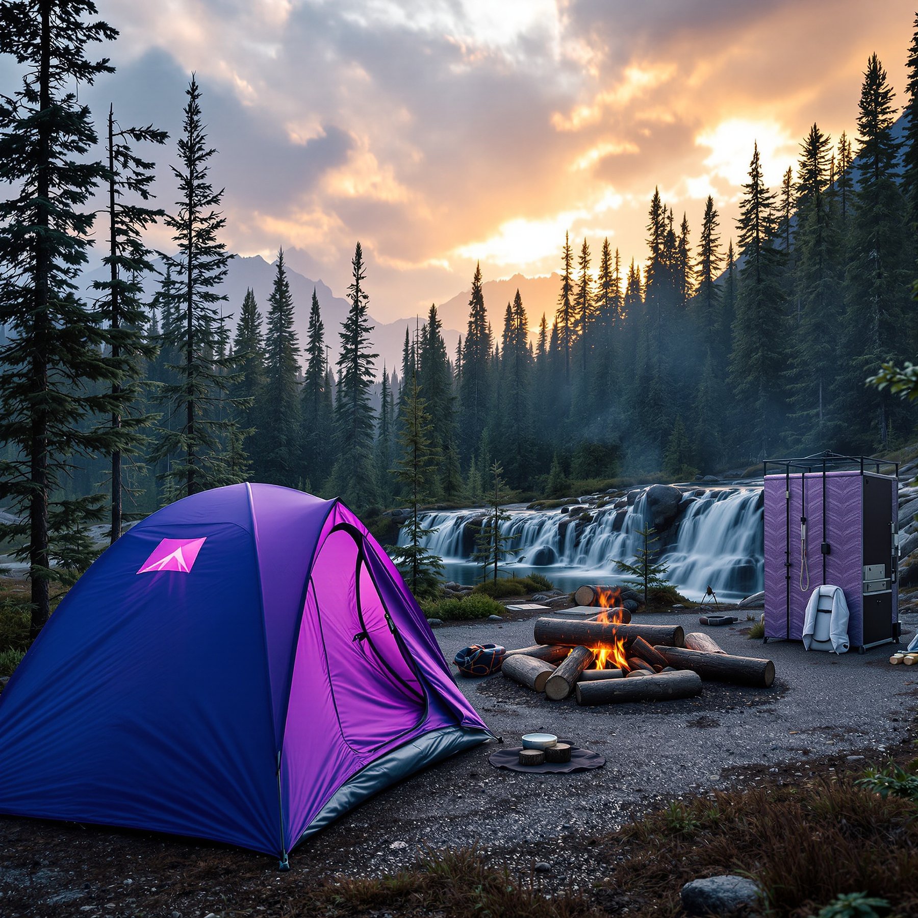 This campsite sits by a rushing waterfall and tall pine trees. A bright purple tent glows near a warm campfire, perfect for roasting marshmallows. The peaceful forest and soft sunset make it feel magical.