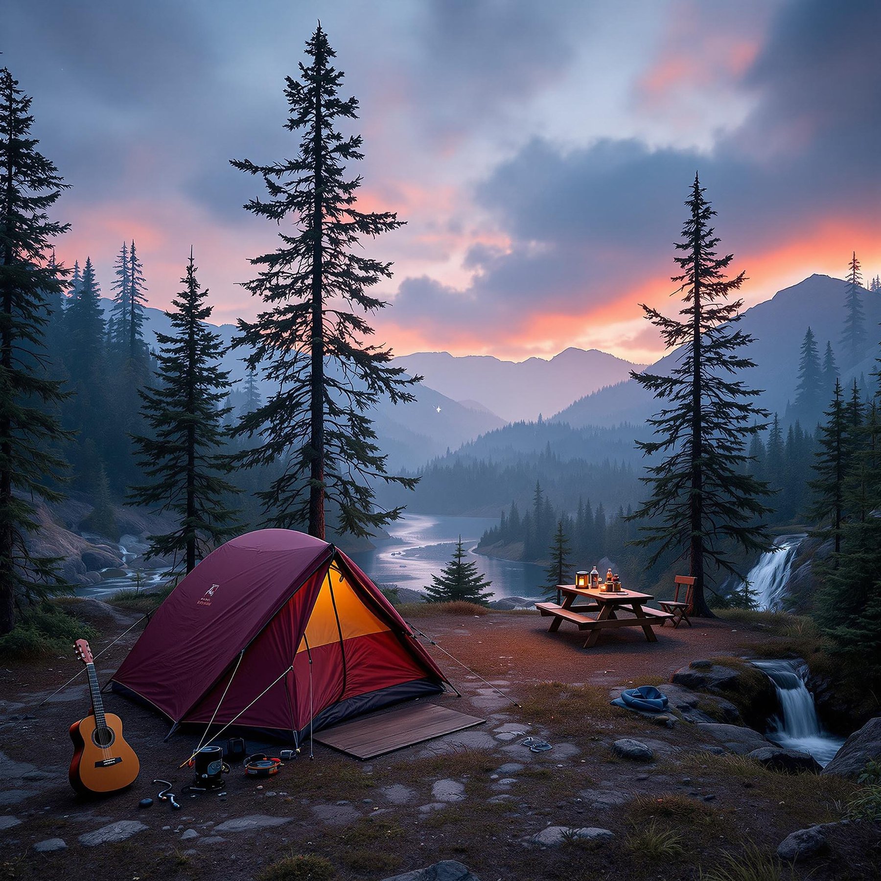 Camp by a river in the cool mountains, surrounded by tall pine trees and a glowing sunset sky. Listen to a nearby waterfall and share stories around a cozy picnic table. This peaceful spot even has a guitar for campfire songs!