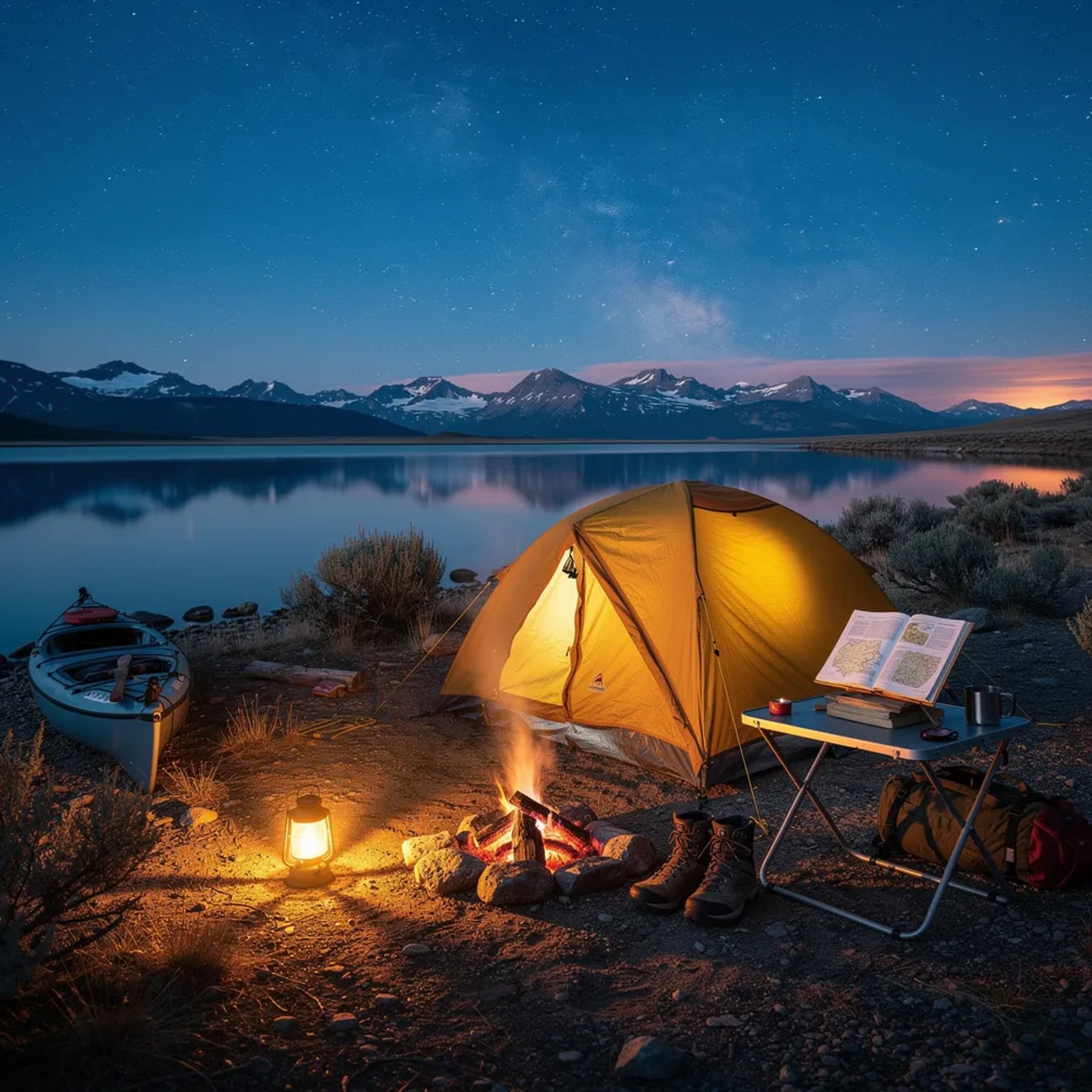 A mustard-yellow tent sits by a calm lake in the quiet Idaho desert, with dark mountains far away. A warm lantern and a small fire make the campsite glow on the rocky shore, with a kayak resting nearby. Above it all, the sky turns deep blue and the Milky Way stretches across the night.