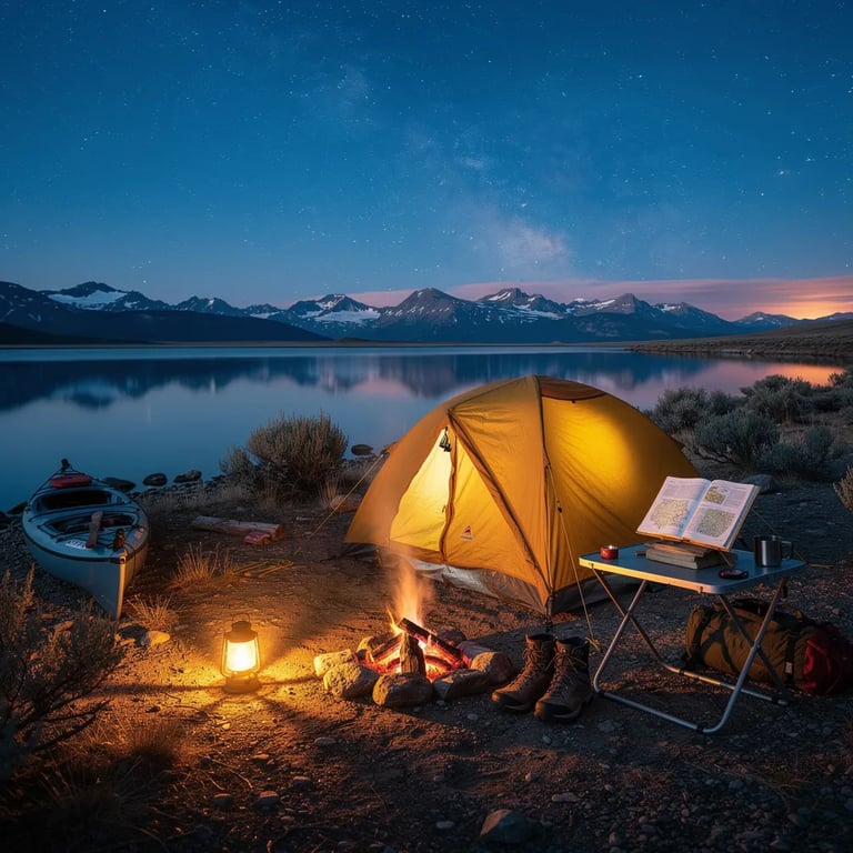 A mustard-yellow tent sits by a calm lake in the quiet Idaho desert, with dark mountains far away. A warm lantern and a small fire make the campsite glow on the rocky shore, with a kayak resting nearby. Above it all, the sky turns deep blue and the Milky Way stretches across the night.