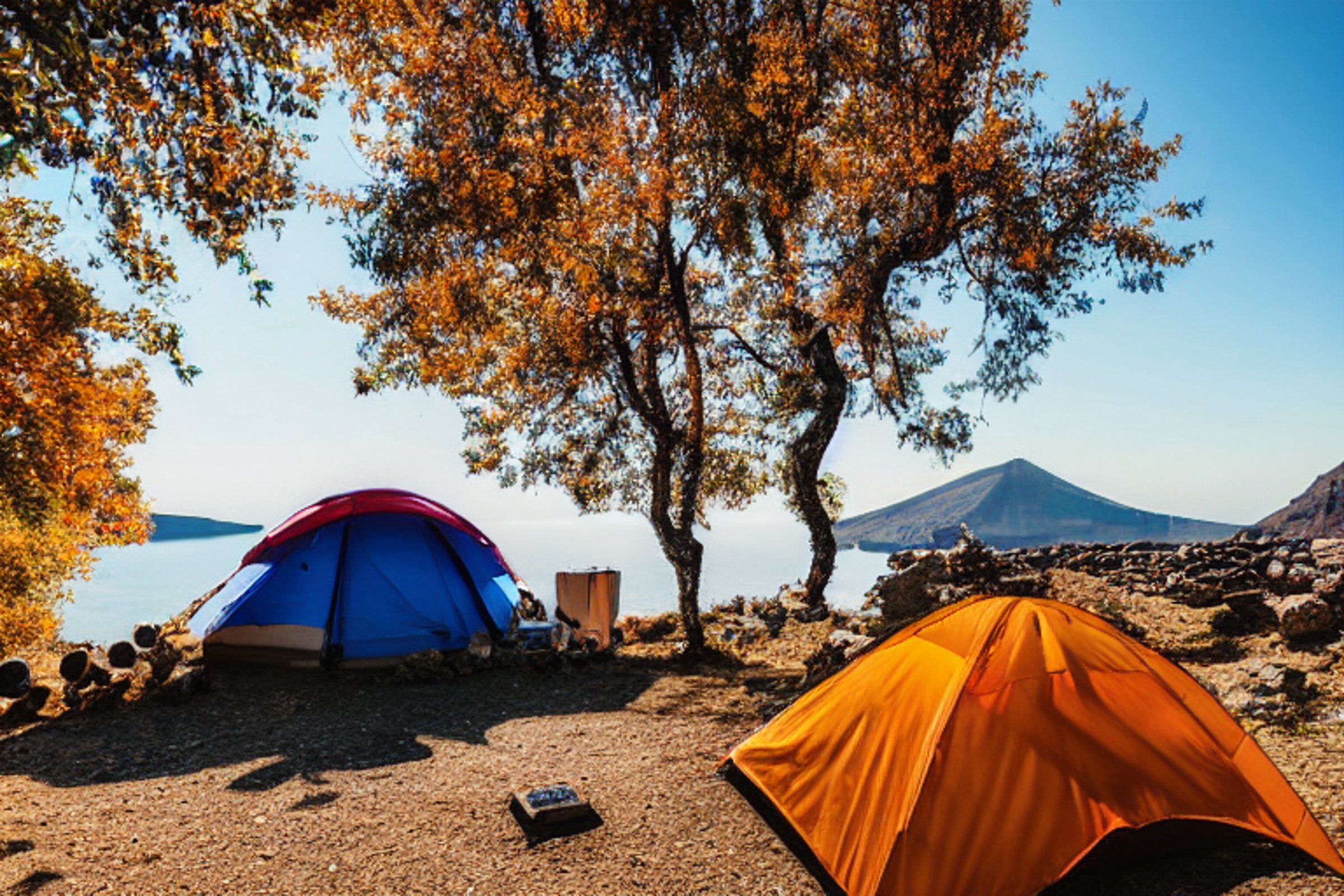 A cozy tent rests on a sunny paved campsite in Santorini, with mountains rising in the distance. Fall-colored trees frame a small campfire and logs on a patch of dirt, while a backpack lies nearby.