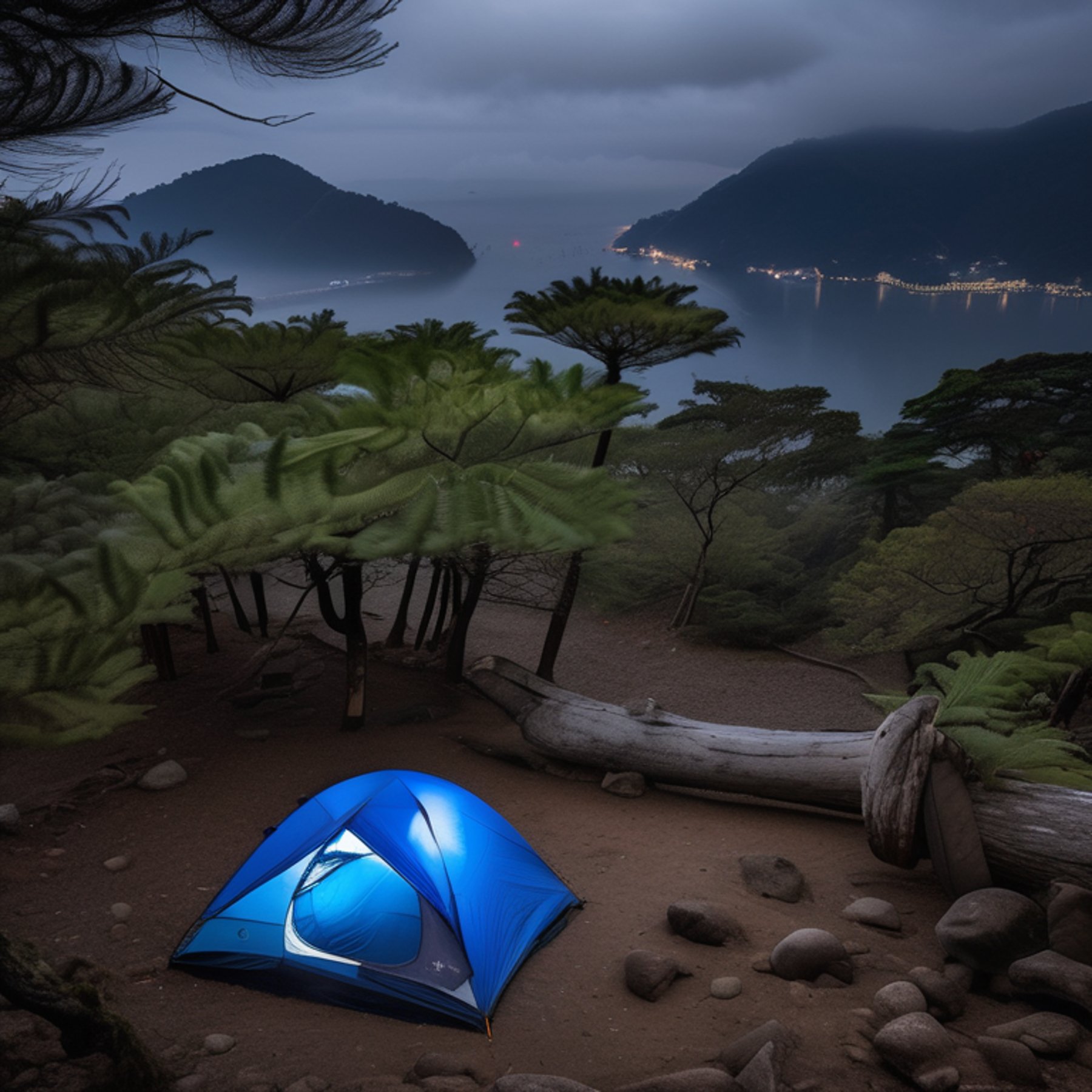 A blue and gray tent rests on a quiet dirt campsite in foggy Miyajima, Japan. Ferns and large stone slabs surround a small campfire, while a distant camper shines a flashlight through the night.