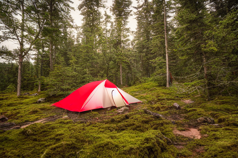 A red and white tent rests beside a warm campfire near a steaming hot spring. Mossy trees, rocky ground, and a large stone surround the camp. Stormy dusk skies add a wild, cozy feeling.