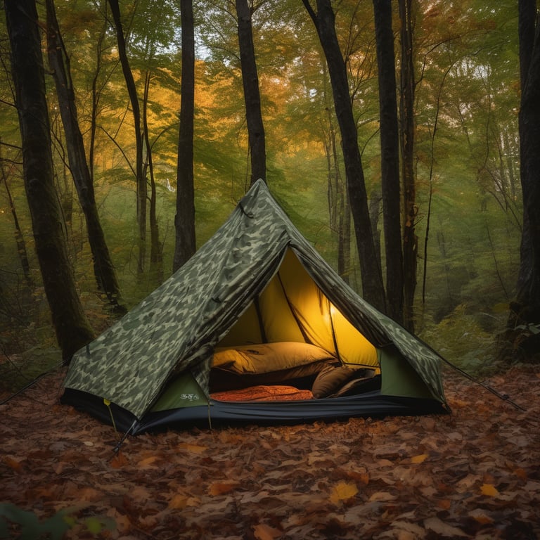 A green camo tent glows softly in an overgrown forest at dusk. Fall-colored trees surround a large rock, while cloudy skies stretch above. From a nearby hammock, the campsite feels quiet, cozy, and wild.