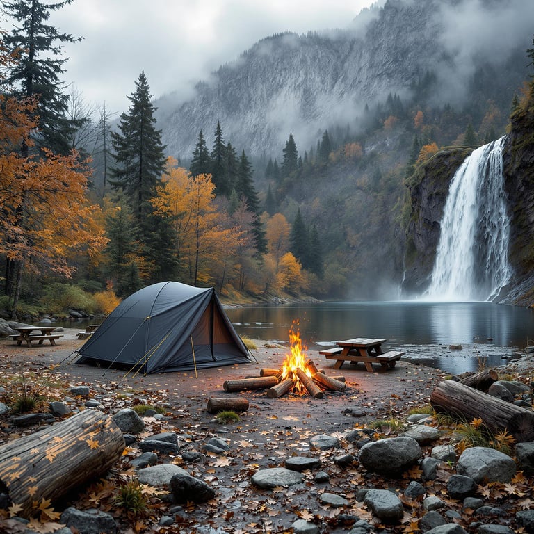A dark gray tent rests beside a babbling brook, surrounded by bright fall trees. A campfire, picnic table, and small outdoor shower make the spot feel cozy and welcoming. Mist drifts through the air as a waterfall spills down the rocky cliff nearby, its beauty mirrored in the calm water.