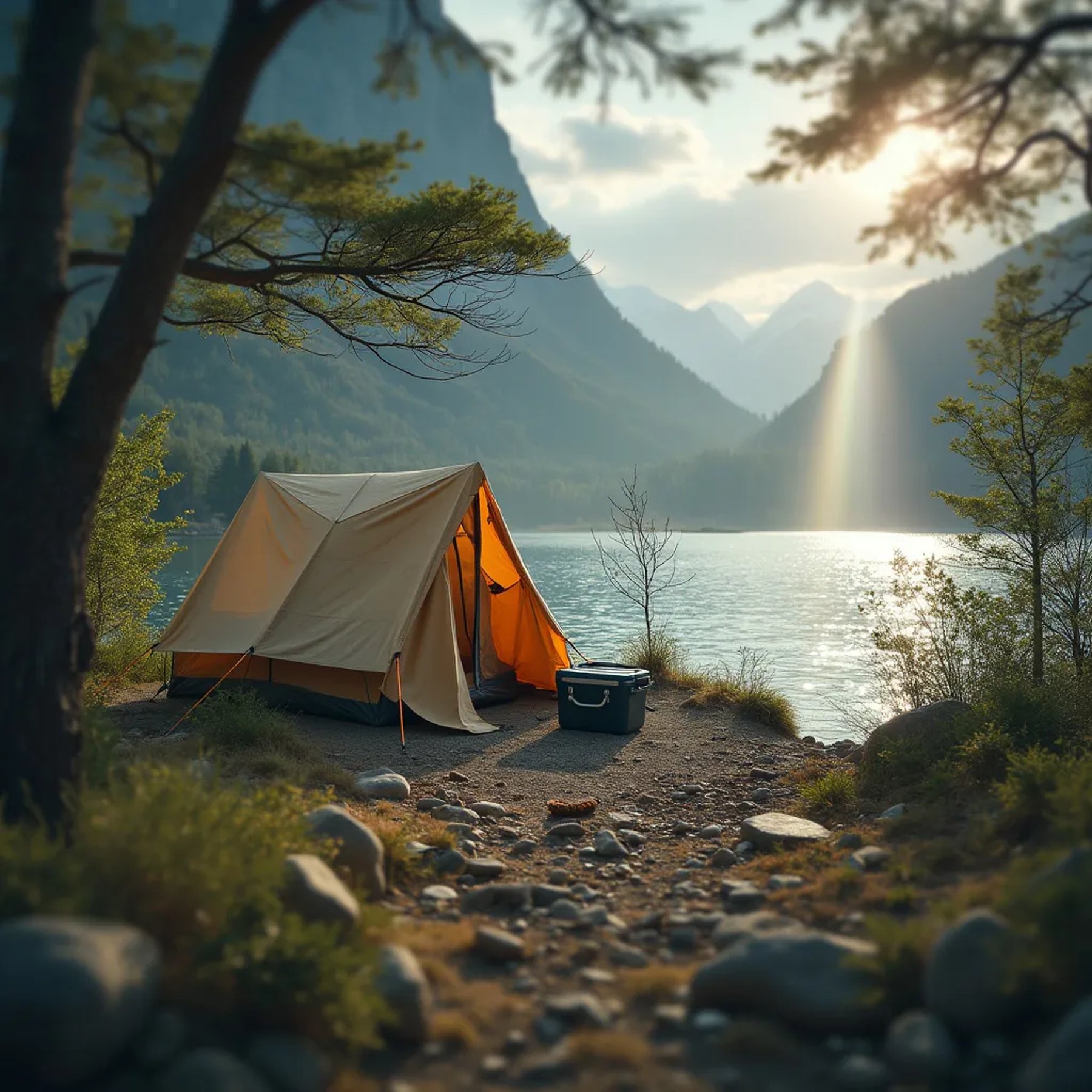 A cozy beige tent rests beside a rushing waterfall, surrounded by green hills and small trees. A canoe approaches the shore as light rain falls, with a rainbow glowing above. A cooler sits near the tent, and binoculars hang from a nearby branch.