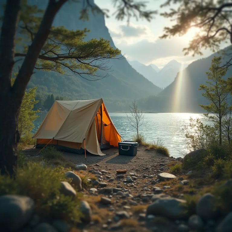A cozy beige tent rests beside a rushing waterfall, surrounded by green hills and small trees. A canoe approaches the shore as light rain falls, with a rainbow glowing above. A cooler sits near the tent, and binoculars hang from a nearby branch.