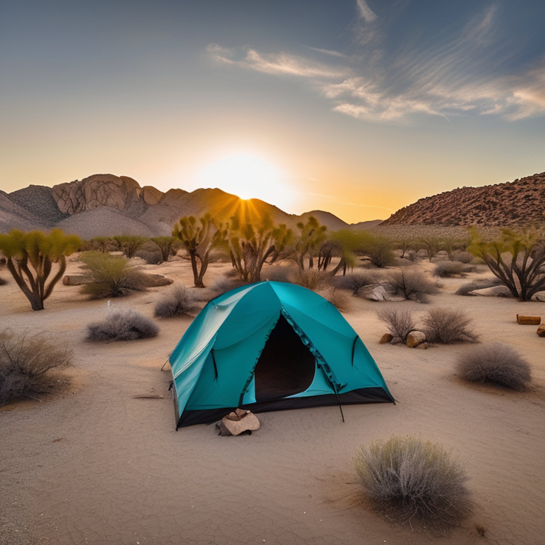 A teal tent sits on a quiet paved campsite in Joshua Tree as the sun sets. Small trees, distant mountains, and a warm campfire with logs create a peaceful desert escape.