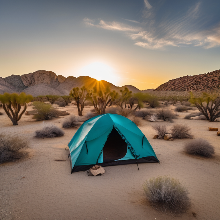 A teal tent sits on a quiet paved campsite in Joshua Tree as the sun sets. Small trees, distant mountains, and a warm campfire with logs create a peaceful desert escape.