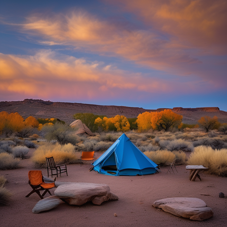 A blue tent rests on a quiet dirt campsite in a petrified forest. Large stone slabs and bright fall trees surround the camp, while hikers relax in chairs beneath a clear sunset sky.