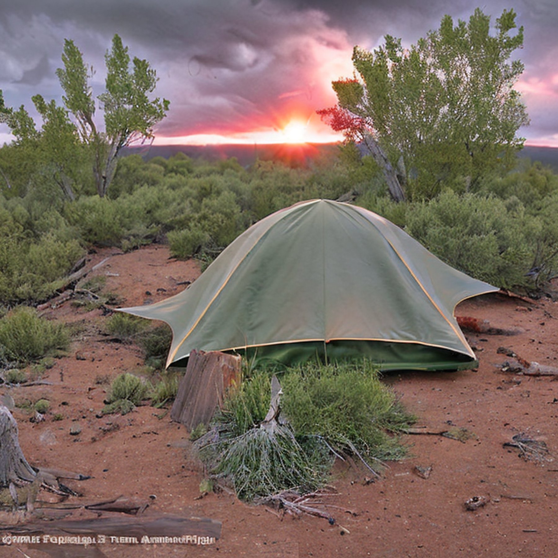 A green tent rests in a quiet New Mexico desert campsite, surrounded by tall grass and large bushes. A warm campfire glows on the dirt patch as stormy clouds gather under the sunset sky.