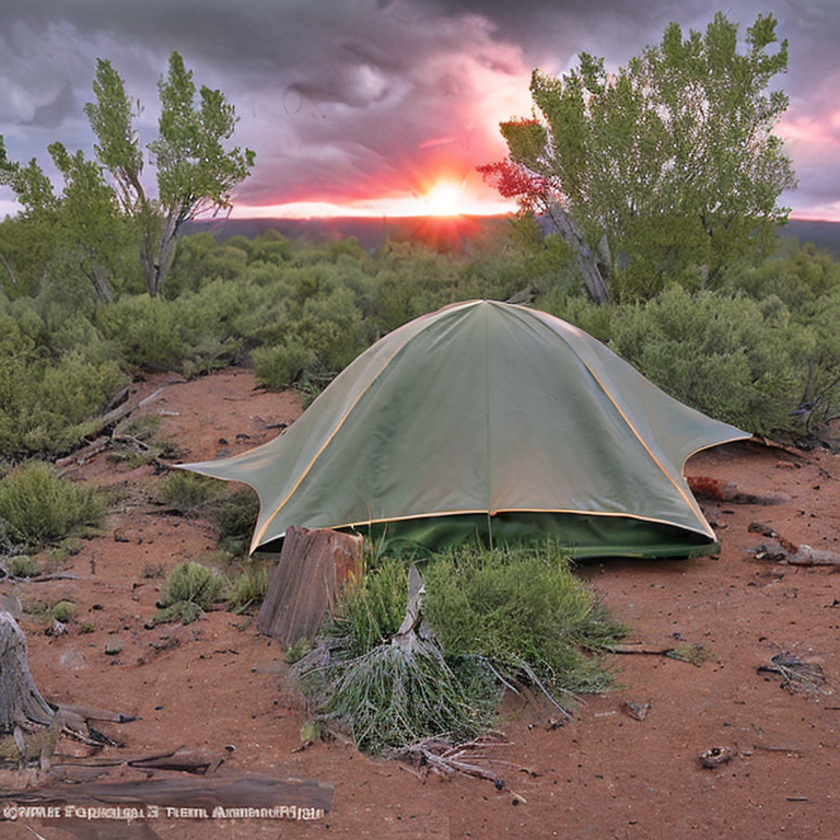 A green tent rests in a quiet New Mexico desert campsite, surrounded by tall grass and large bushes. A warm campfire glows on the dirt patch as stormy clouds gather under the sunset sky.