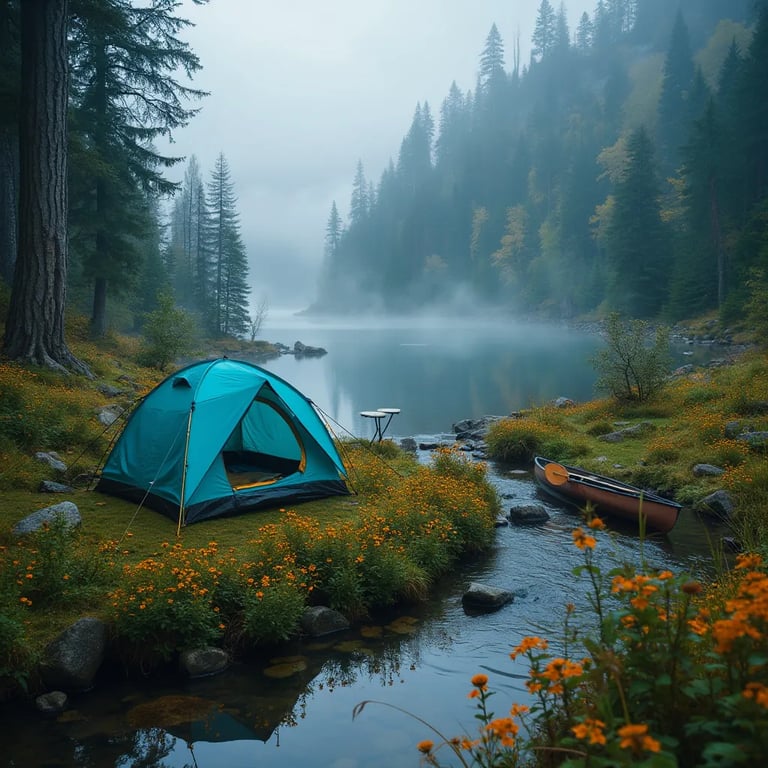 A bright turquoise tent rests in a misty rainforest, surrounded by wildflowers and colorful fall trees. A clear stream winds through the camp beside a canoe, while a calm lake reflects the soft sky below.