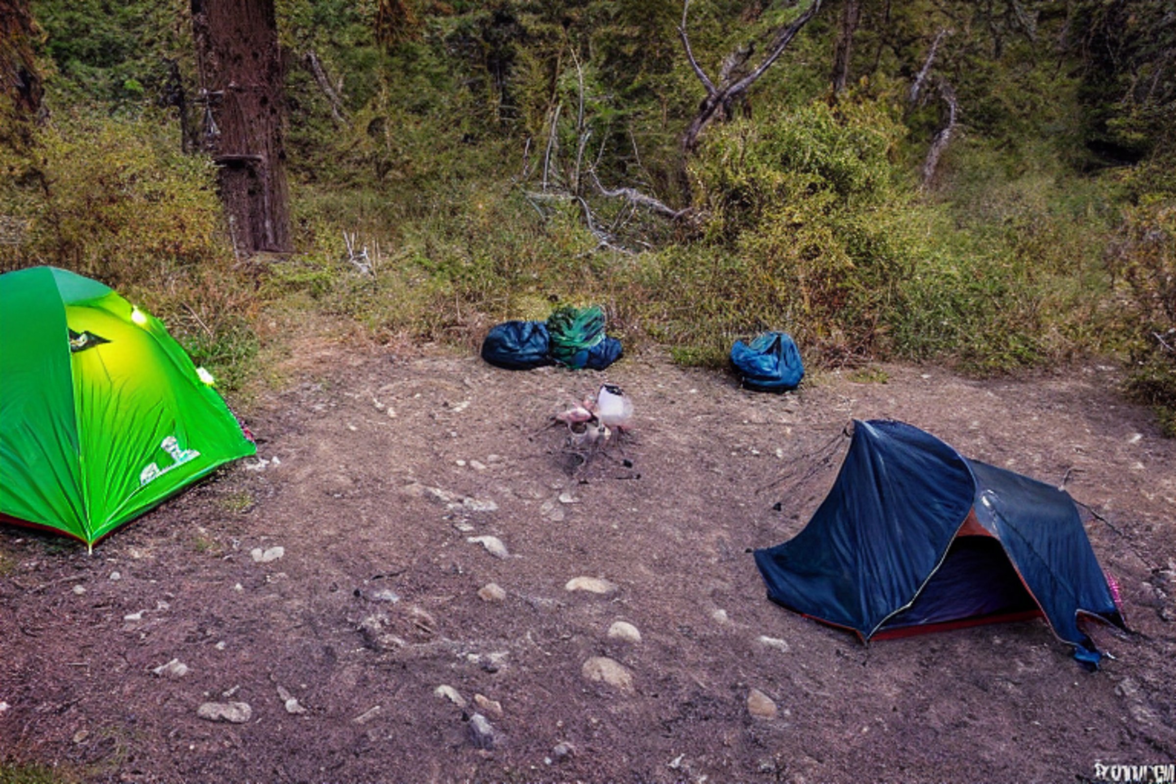 A green camo tent rests beside a warm campfire under the glowing northern lights. A lantern lights the dirt path, while clothes hang from a nearby line. The quiet Big Sur campsite feels cozy and wild beneath the clear night sky.