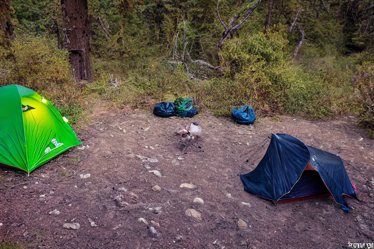 A green camo tent rests beside a warm campfire under the glowing northern lights. A lantern lights the dirt path, while clothes hang from a nearby line. The quiet Big Sur campsite feels cozy and wild beneath the clear night sky.