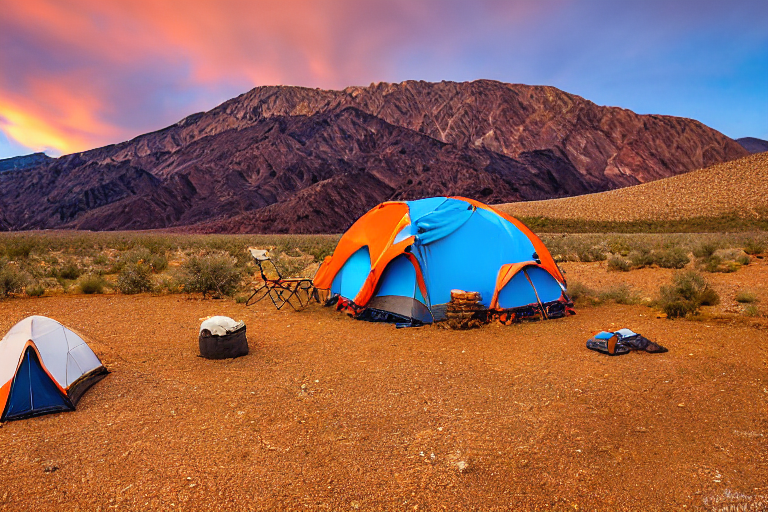 An orange tent rests on a dirt clearing in Death Valley, with tall mountains rising in the distance. A small campfire, cozy chairs, and a clothesline add a warm, homey touch as rain falls softly. Nearby bushes hold bright berries beneath the golden sky.