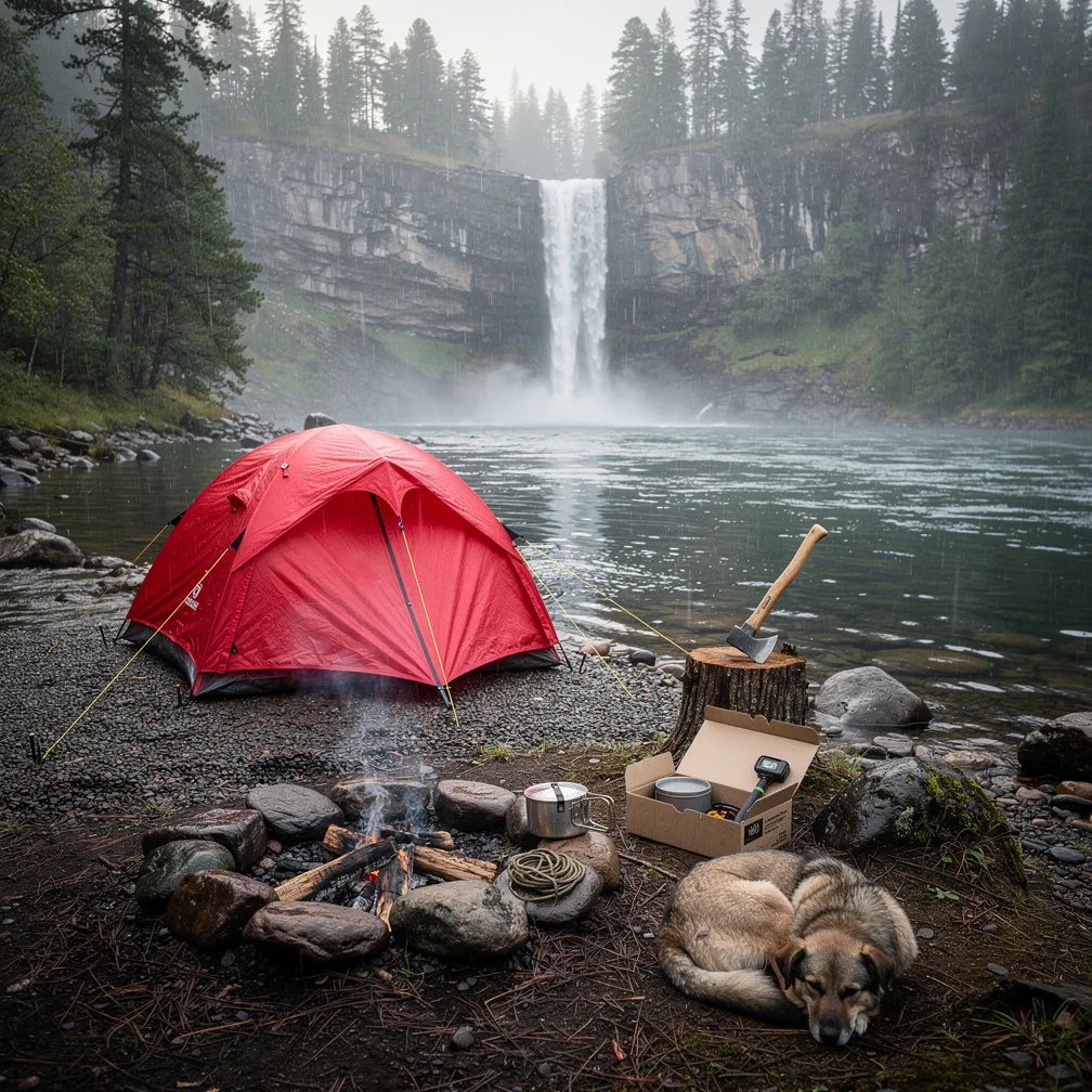 A bright red tent sits on a wet gravel bar beside a calm lake where a rushing river pours in. Nearby, a tall waterfall crashes down a cliff and fills the air with cool mist and light rain. Mossy rocks, dark pine needles, and thick evergreen trees make the campsite feel quiet and wild. A small fire ring smokes gently while a sleepy dog curls up close by.