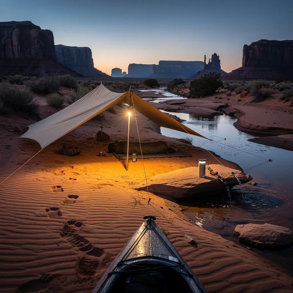 A cool blue twilight wraps around a sandy desert wash, with tall red rock buttes dark on the horizon. A low tan tarp shelter hugs the ground, and a hanging headlamp glows warm like a tiny campfire. Fresh animal tracks ripple through the sand toward camp, and a small trickle of water shines beside a filter and bottle. The bow of a kayak rests at the edge, ready for the next quiet stretch of wild.