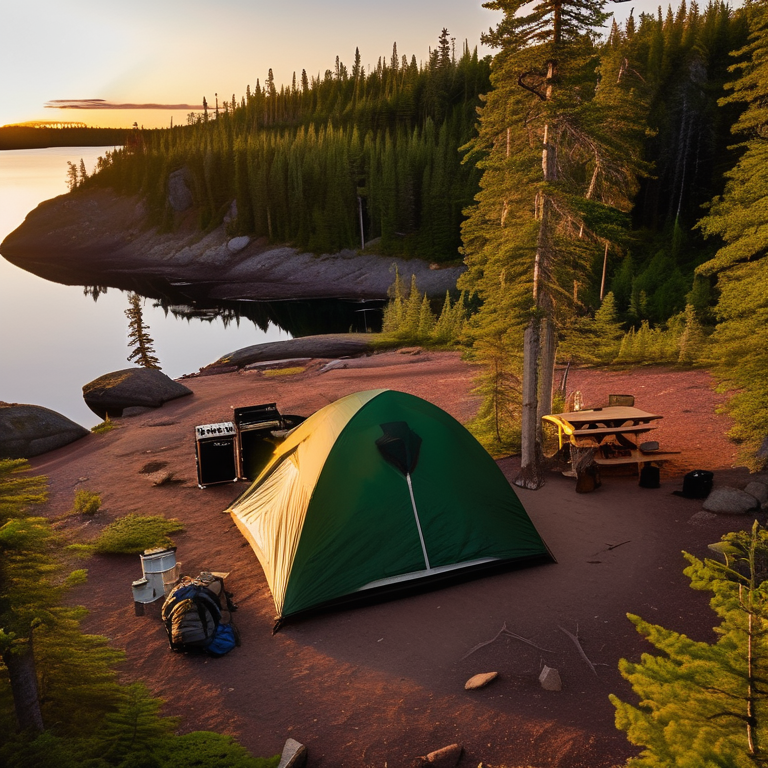 A forest green tent rests beside a paved campsite as the sun sets over the quiet woods. Hikers enjoy the warm evening light, while a wooden guitar lies near a large rock.