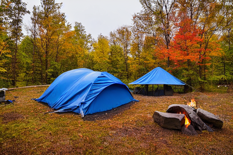 A blue tent rests on a paved campsite beneath colorful fall trees in rainy Upstate New York. A warm campfire glows beside boulders and a white cooler, while nearby streams add a peaceful sound to the cool night.