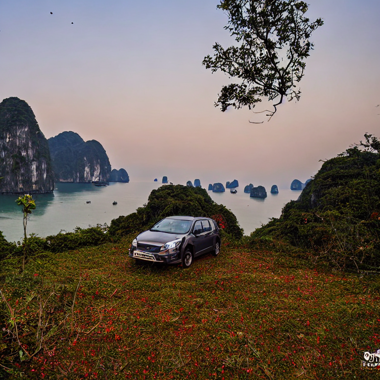 A green Subaru with a rooftop tent rests at a quiet campsite in Halong Bay. Tall trees, berry bushes, and fall-colored leaves surround the dirt clearing beneath a star-filled sky.