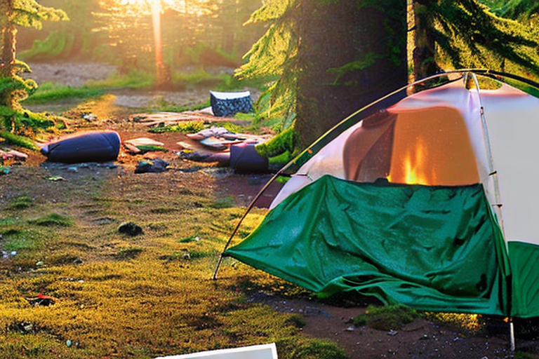 A forest-green tent rests in a sunny Alaska wilderness campsite, surrounded by tall, mossy trees. A warm campfire glows on the dirt and gravel ground as the sun sets. Surfers add a fun, unexpected touch to this peaceful forest scene.