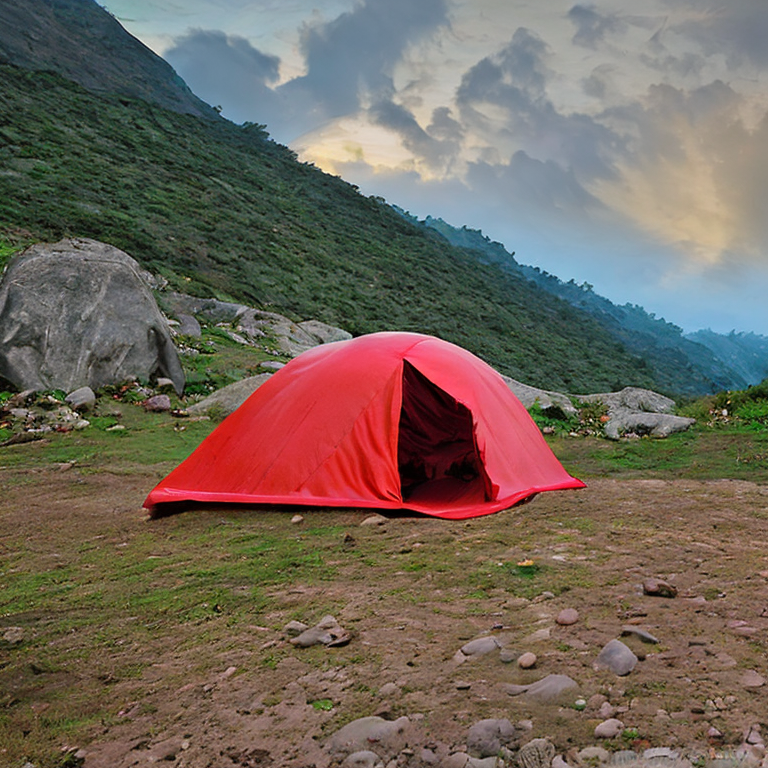 A bright red tent rests on a paved campsite in the Valley of Flowers. Hikers gather nearby as golden trees, large boulders, and rolling hills stretch into the cloudy dusk.