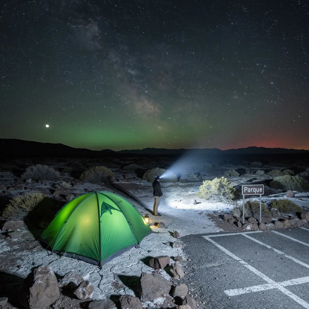 A bright green tent glows on the rocky desert ground, surrounded by a few tough little shrubs. Above it, the night sky is wide and clear, with the Milky Way shining like a river of stars. A lone camper sweeps a flashlight across the sand, and the moon hangs low on the far horizon.