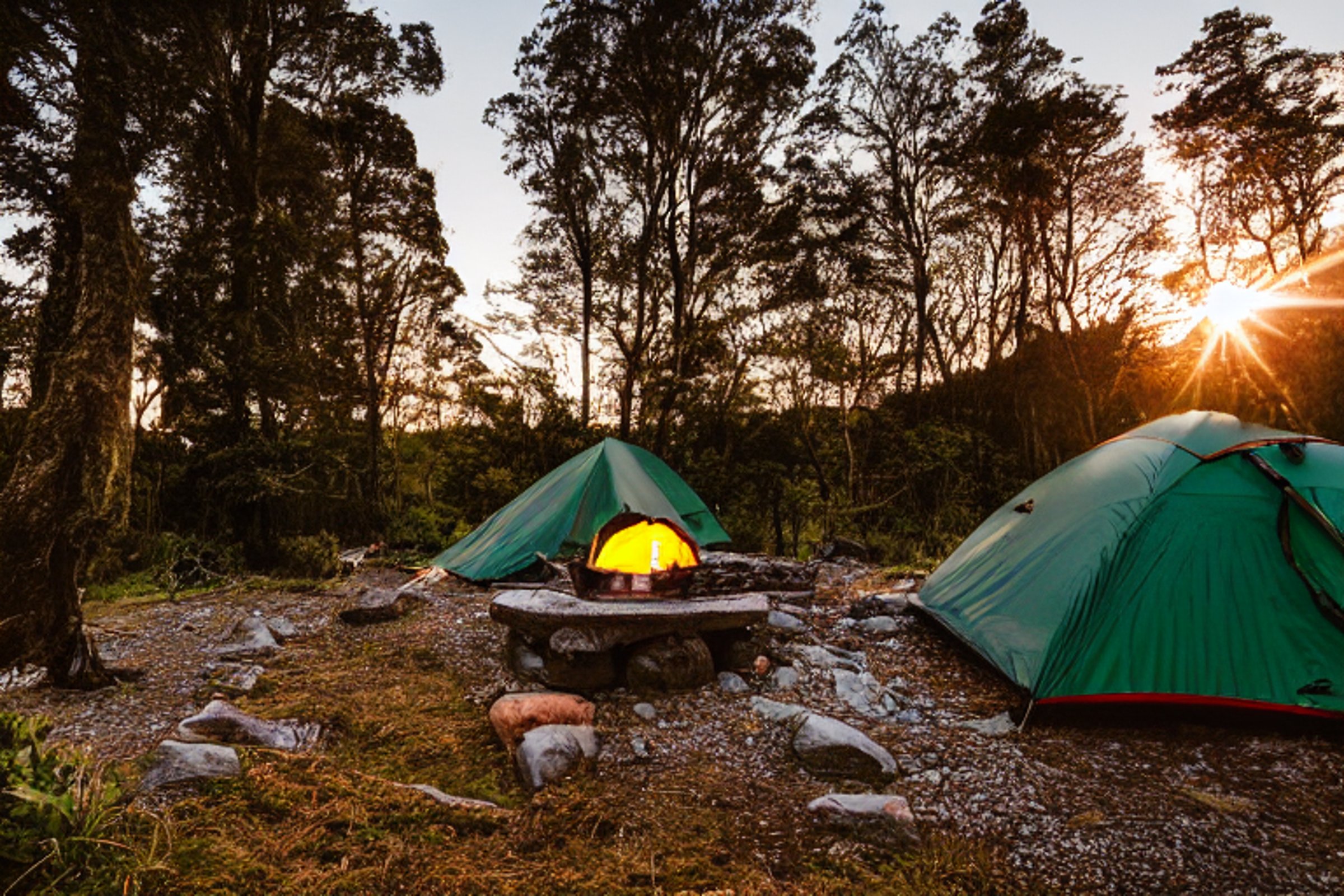 A forest-green tent rests beside a quiet stream in a peaceful Milford Sound campsite. Golden sunlight warms the trees and paved ground, while a stone-ringed campfire and glowing lantern create a cozy welcome. A berry-covered bush adds a bright touch of nature nearby.