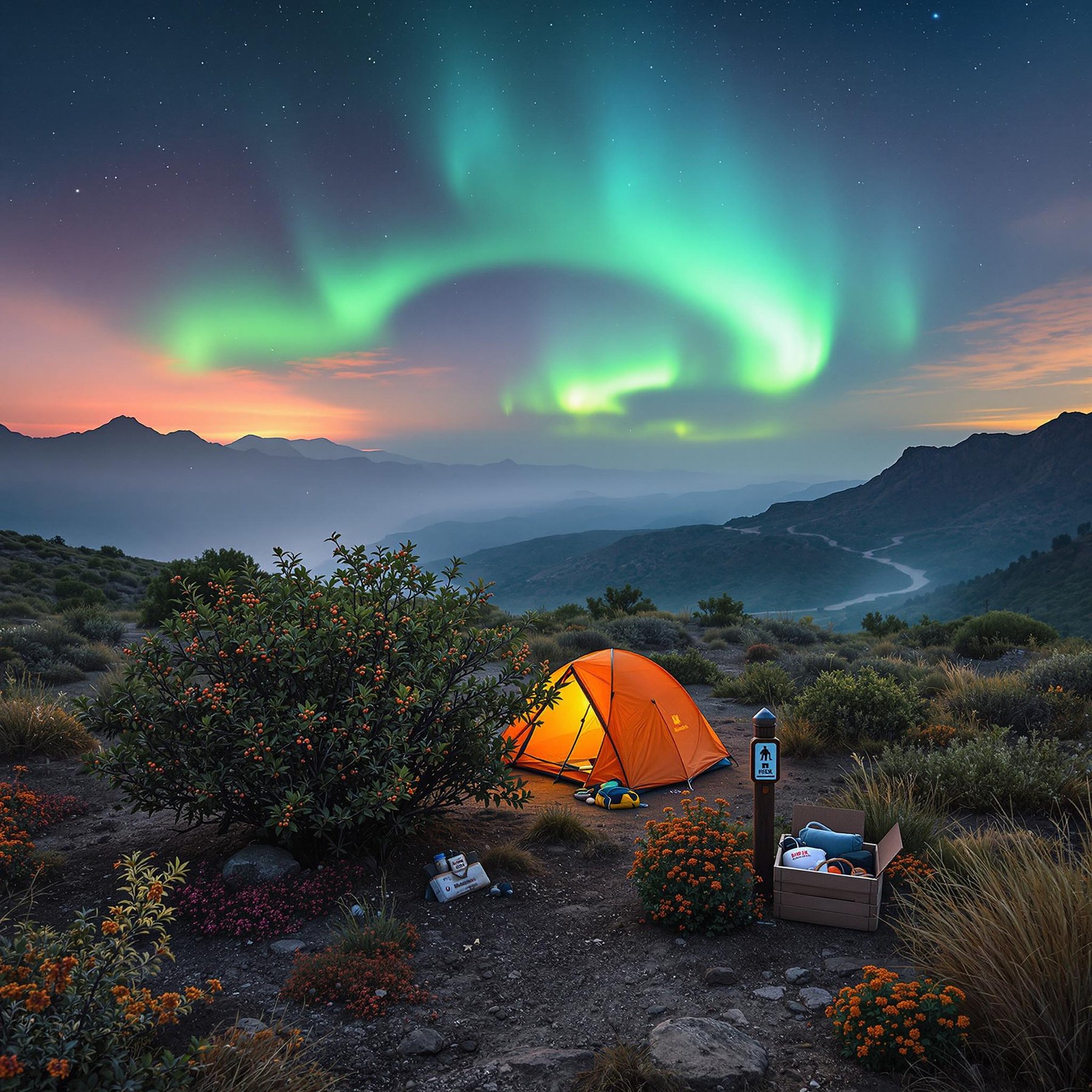 A cozy orange tent glows warmly under the magical northern lights, painting the sky in shades of green. Nestled among wildflowers and hills, it offers a perfect view of the winding path and distant mountains. The scene feels peaceful and full of wonder, like a bedtime story come to life.