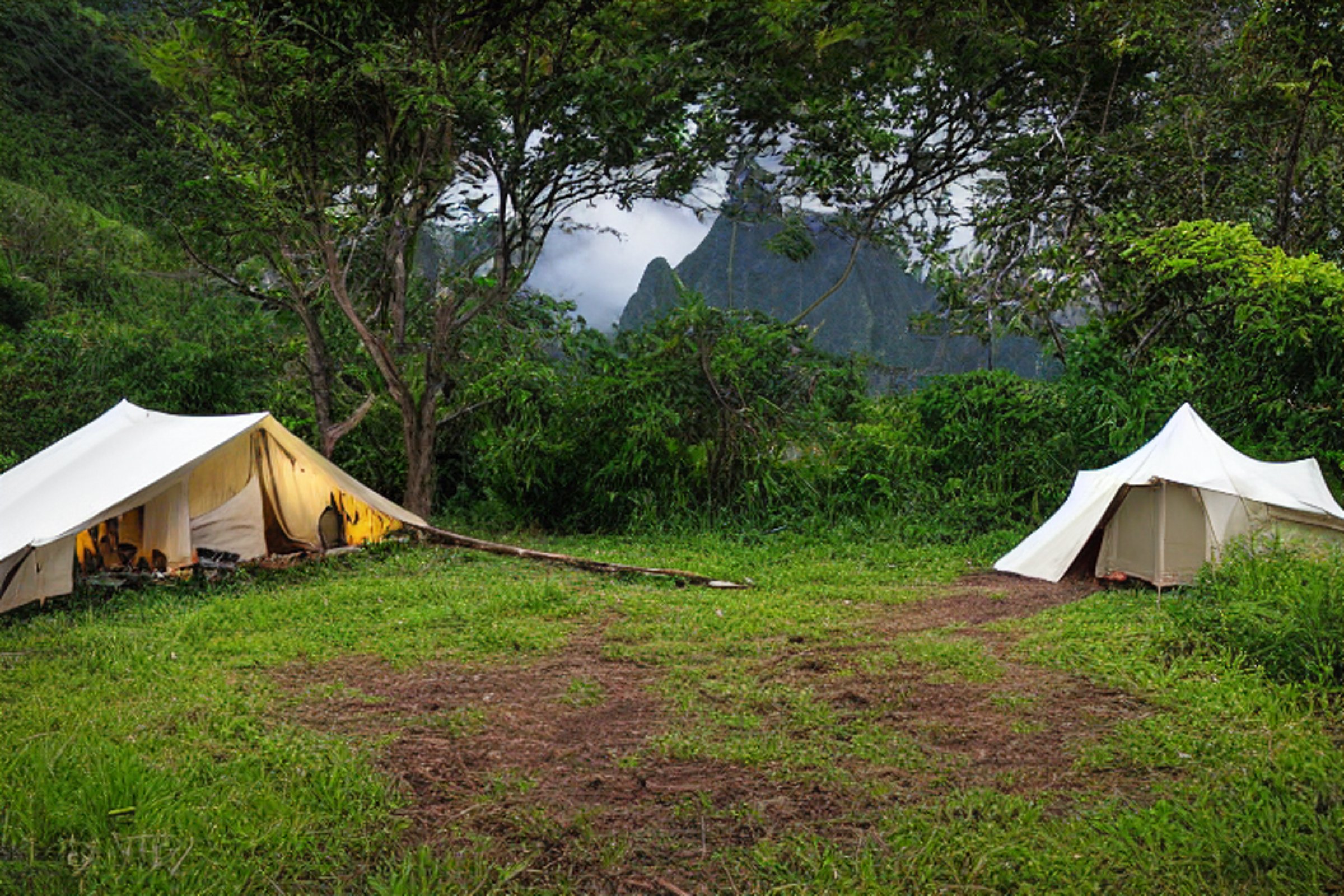 A green tent rests on a dirt clearing, surrounded by thick bushes and scattered stones. Clothes sway on a nearby line as sunset light glows beneath the stormy sky. In the distance, a camper’s flashlight shines through the dusky air.