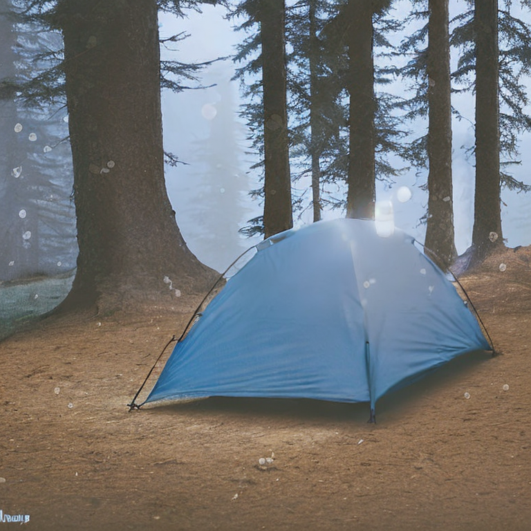 A blue and gray tent rests on a quiet dirt campsite beneath a star-filled sky. Tall trees surround the site, while a warm lantern glows beside a nearby hiking path. Soft fog gives the Banff mountain night a peaceful, dreamy feel.