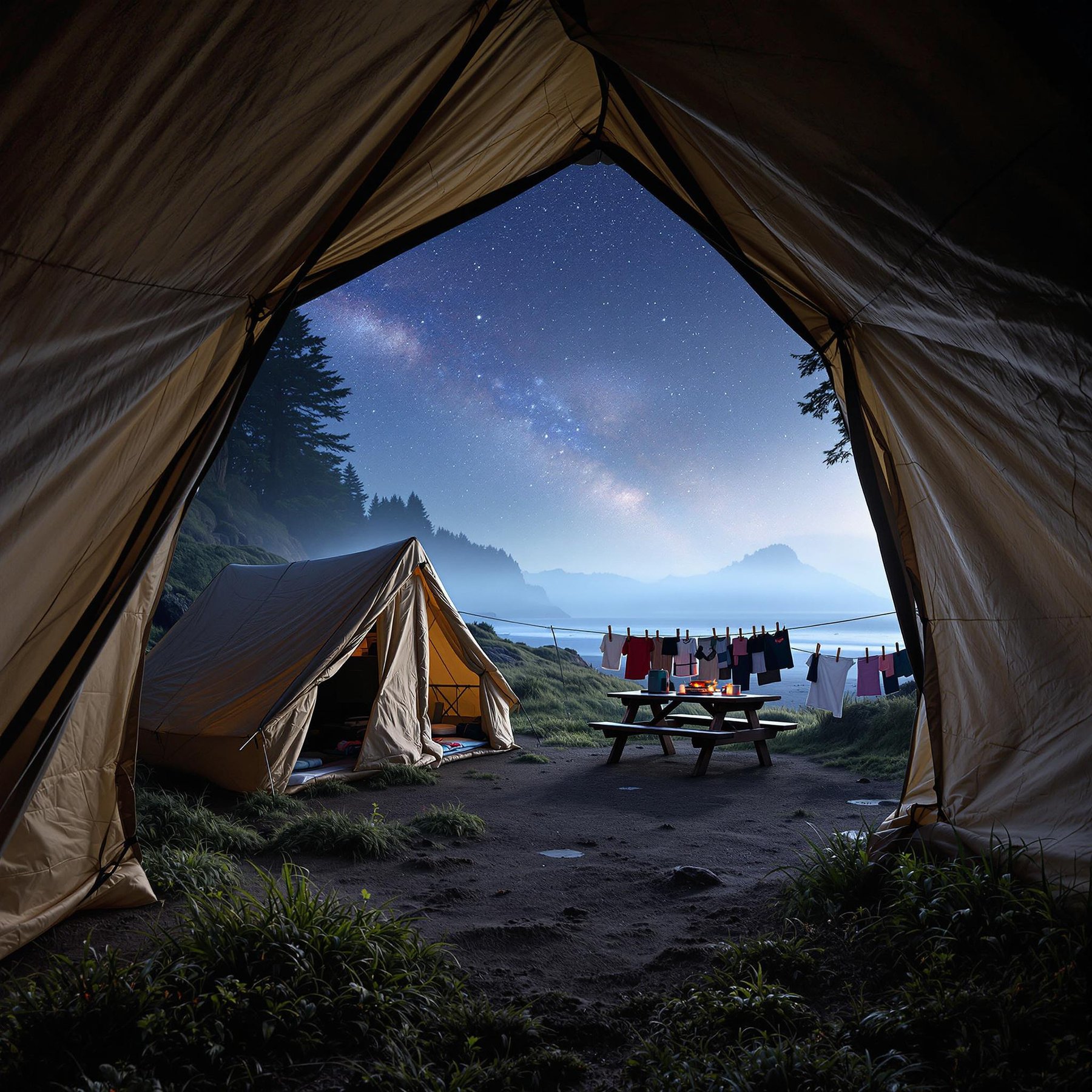 A cozy beige tarp shelter rests on the grassy shore of Cannon Beach, framed by a dark cave entrance. Fog drifts through the trees while stars shine in a clear patch of sky. A picnic table with a small stove and a clothesline make the campsite feel warm and lived-in.