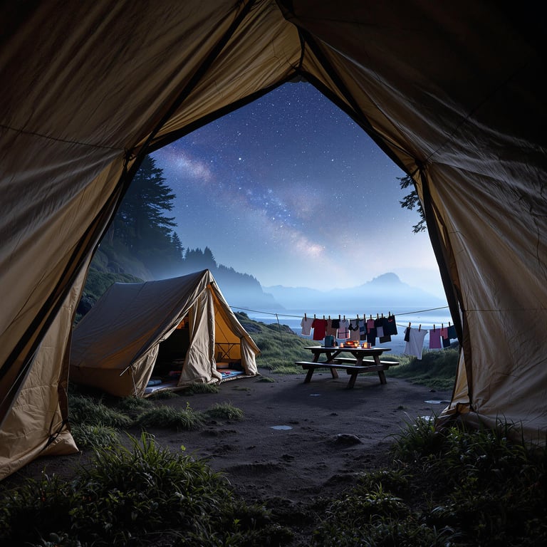 A cozy beige tarp shelter rests on the grassy shore of Cannon Beach, framed by a dark cave entrance. Fog drifts through the trees while stars shine in a clear patch of sky. A picnic table with a small stove and a clothesline make the campsite feel warm and lived-in.