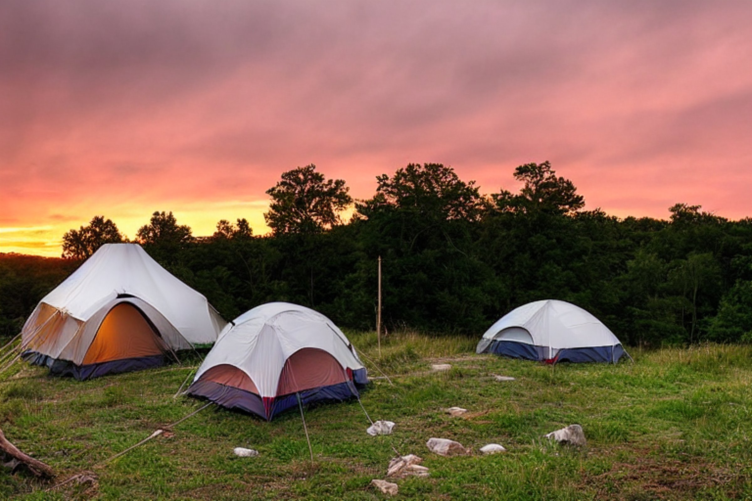 A white tent rests on a quiet paved campsite in the Ozarks. A warm campfire glows among the logs as a lantern lights the dirt nearby. Berry bushes and cloudy sunset skies create a peaceful evening mood.