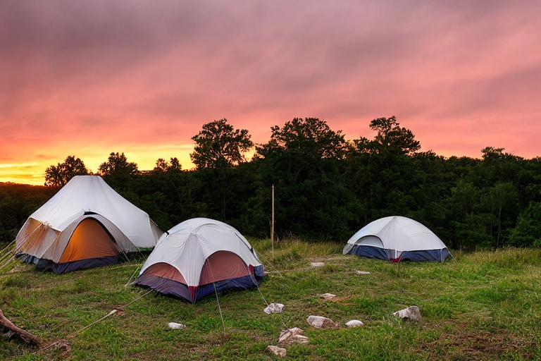 A white tent rests on a quiet paved campsite in the Ozarks. A warm campfire glows among the logs as a lantern lights the dirt nearby. Berry bushes and cloudy sunset skies create a peaceful evening mood.