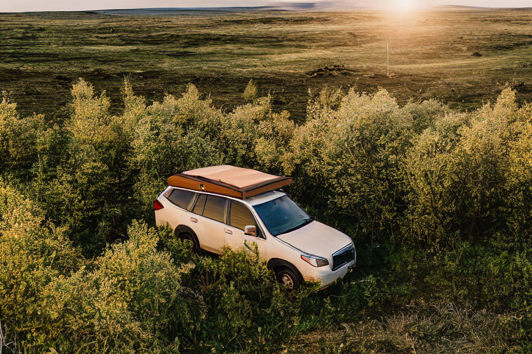 A green and tan Subaru sits at a peaceful campsite in Iceland, with its rooftop tent open beneath tall trees. Golden sunlight warms the dirt and pavement, while berries, hanging clothes, and a backpack add a cozy, lived-in feel.