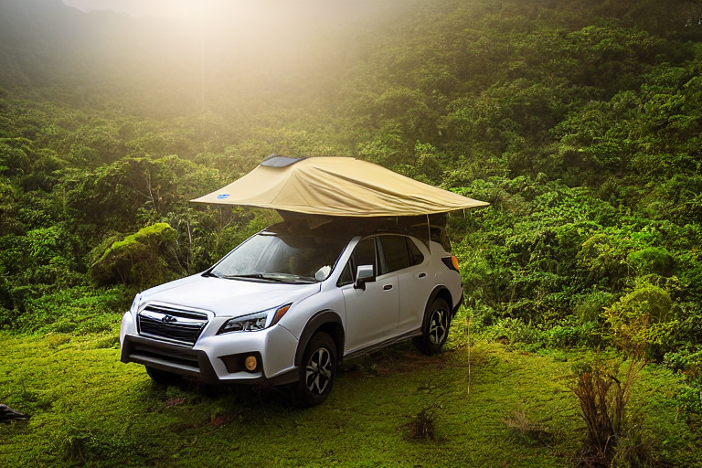 A tan Subaru with its rooftop tent open rests on a quiet dirt campsite in Soufriere, St. Lucia. Mossy trees, rolling hills, and cloudy sunset skies create a peaceful jungle setting, while hikers explore nearby. A small flashlight glows in the distance.