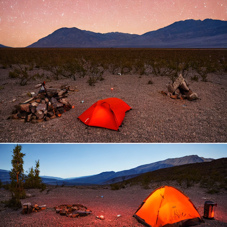 An orange tent glows beside a warm campfire on a rainy night. Above the trees, bright green auroras ripple across the sky, while a wooden guitar rests near the fire.