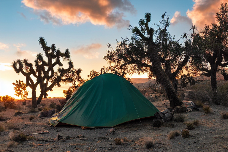 A green tent rests on a rocky dirt patch in Joshua Tree National Park. A warm campfire glows beside a large log, while a hammock hangs between the trees. Sunset light shines over the grassy campsite and open sky.