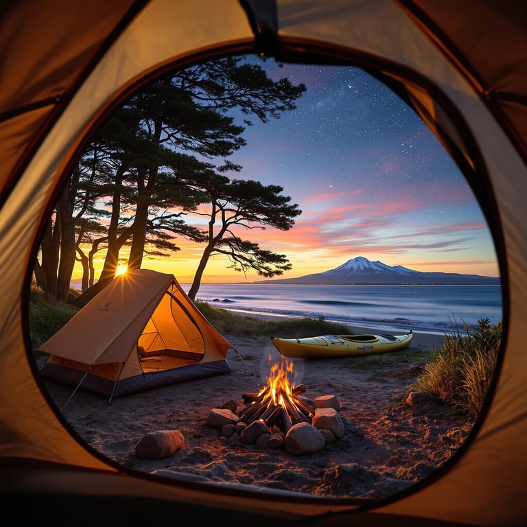 Imagine camping by the sea, watching the sunset over a majestic mountain. A cozy tent and a flickering campfire keep you warm while the stars twinkle above. Nearby, a yellow kayak waits for a morning adventure.