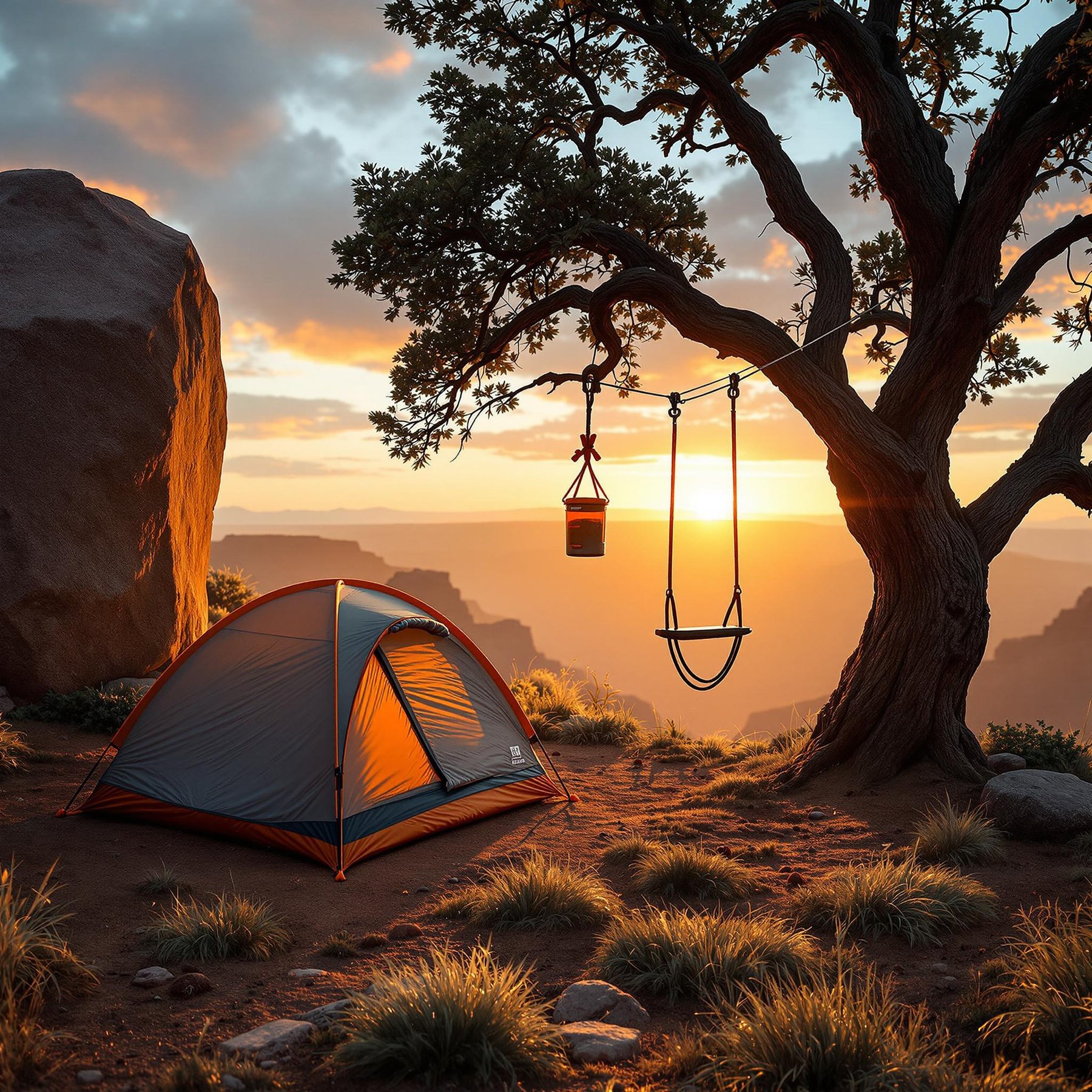 Perched on a sunlit cliff, a cozy tent sits beside a swing hanging from an old tree. The warm glow of the sunset fills the sky with colors of orange and gold. It's the perfect spot for watching the sun dip below the horizon.