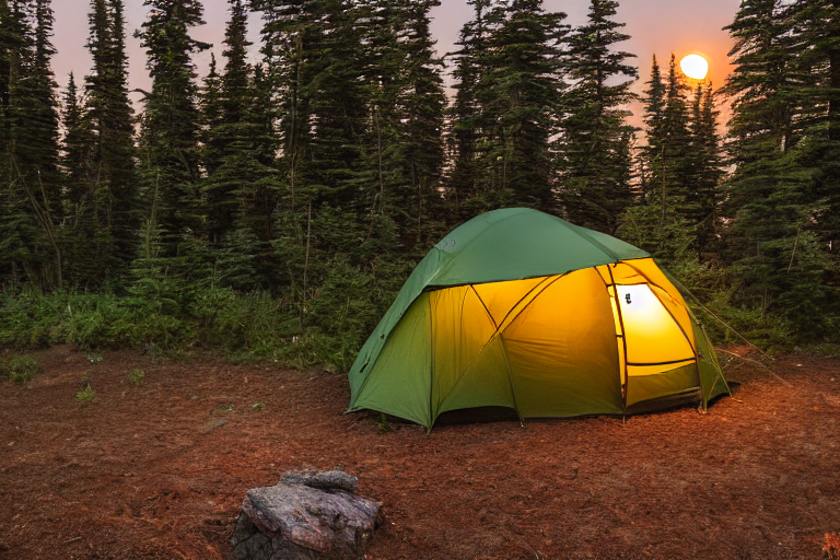 A black tent rests on a quiet dirt campsite in Isle Royale National Park. Ferns and fallen leaves surround the clearing as the evening sky glows softly. A distant moon shines above, while a warm flashlight lights the tent’s cozy inside.