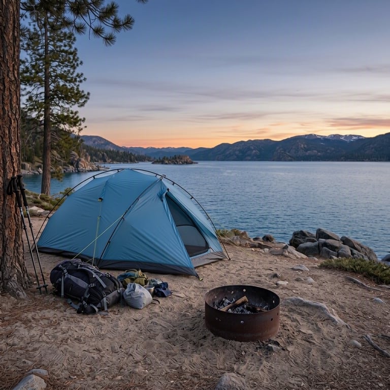 A blue tent rests on a sandy patch beside Lake Tahoe as the evening sky grows dim. Pine trees, a simple fire ring, and a small pile of camping gear give this quiet lakeside spot a cozy feel.
