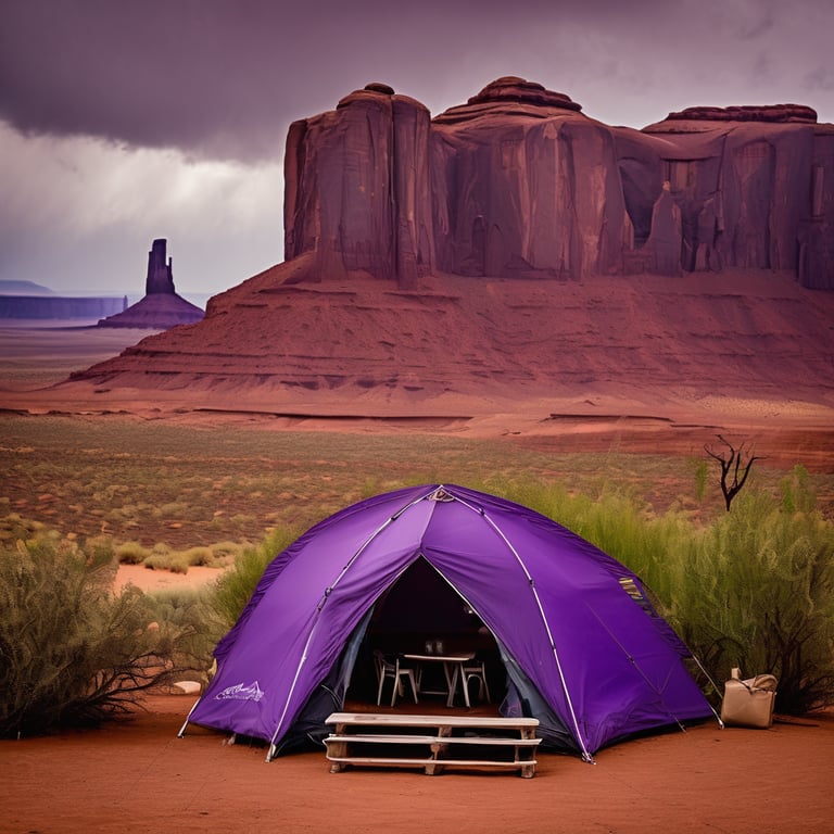 A purple tent rests in a peaceful campsite beneath the towering red rocks of Monument Valley. Ferns cover the ground, and a picnic table sits nearby. Soft clouds and hazy mountains create a dreamy, quiet feeling.